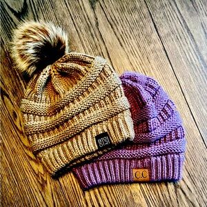Stylish Knit Beanie Set - Tan and Purple